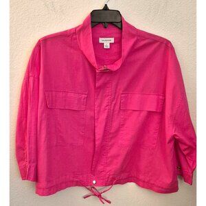 Calligraphie Bright Pink Linen/Cotton Gold tone Zipper 3/4th Sleeve XL EUC